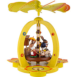 1 - Tier Easter Pyramid Yellow with two Bunnies and Handcart  -  28cm / 11 inch