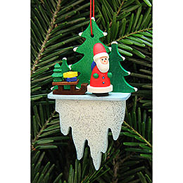 Christbaumschmuck Weihnachtsmann mit Schlitten auf Eiszapfen  -  5,5x8,8cm