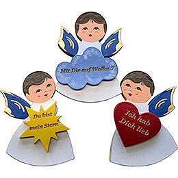 Fridge Magnets  -  3 pcs.  -  Angels with Heart, Star, Cloud  -  Blue Wings  -  with Messages  -  7,5cm / 3 inch