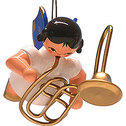 Tree Ornament  -  Angel with Contrabass Trombone  -  Blue Wings  -  Floating  -  5,5cm / 2.2 inch