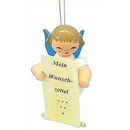 Tree Ornament  -  Angel with List of Whishes  -  Blue Wings  -  Floating  -  6cm / 2,3 inch